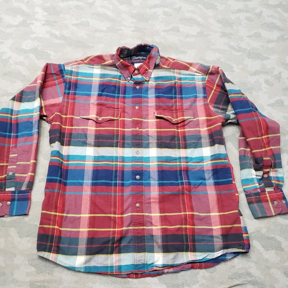 Vintage Wrangler Shirt Mens 35/165 Red Tartan Plaid Long Sleeve Button-Up